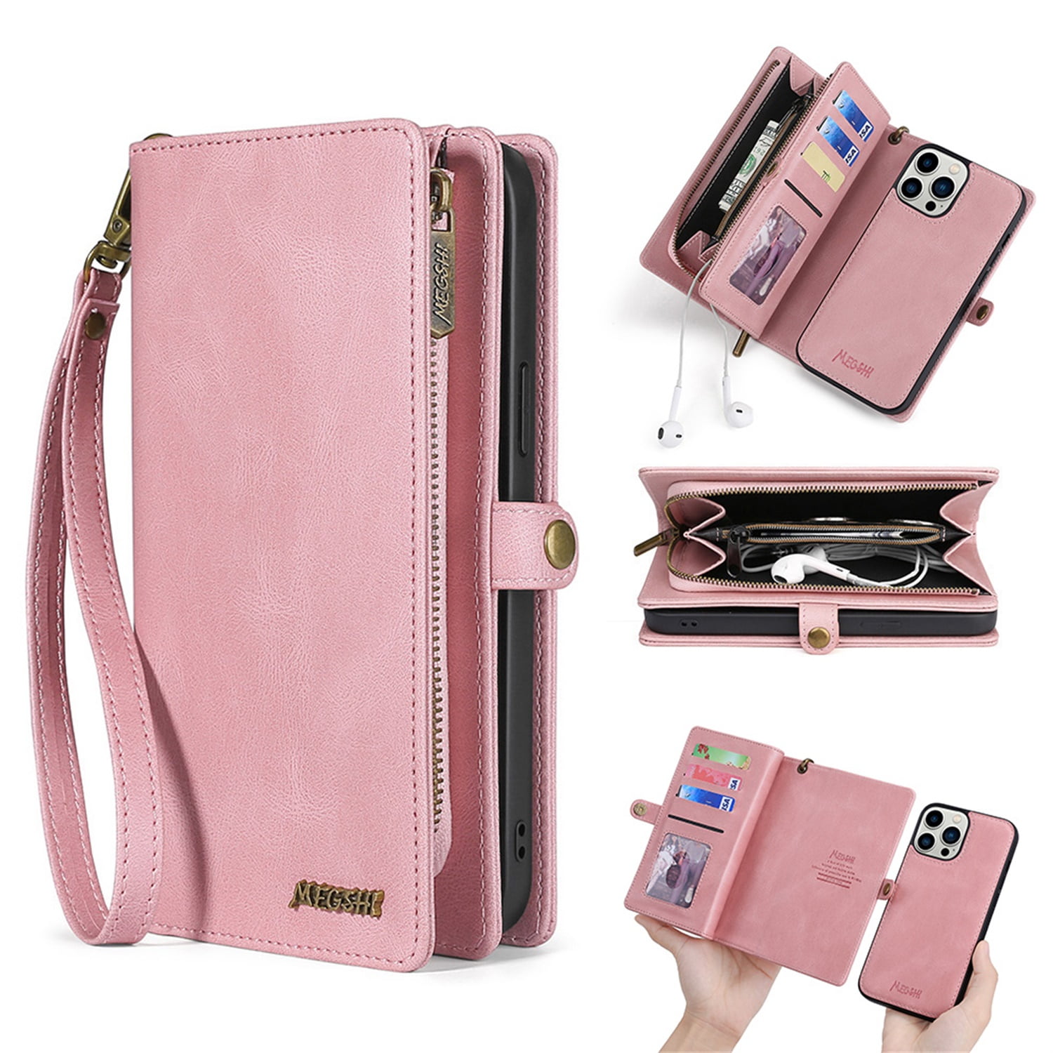 Defencase for iPhone 16 Case for Women Men, Removable Durable PU Leather Magnetic Flip Strap Wristlet Zipper Purse Card Holder Detachable Wallet Phone Cases for iPhone 16, Pink