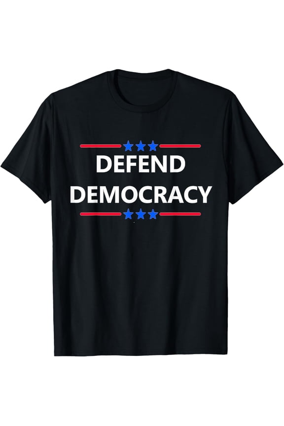 Defend Democracy Patriotic Graphic T-Shirt - Vintage Style USA Election Voting Tee for Men and Women - Retro Stars and Stripes Design Black Cotton Top