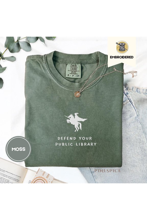 Defend Your Public Library Embroidered Tee – Bookish Shirt, Librarian Gift, Read Banned Books, Literary Activism Tee