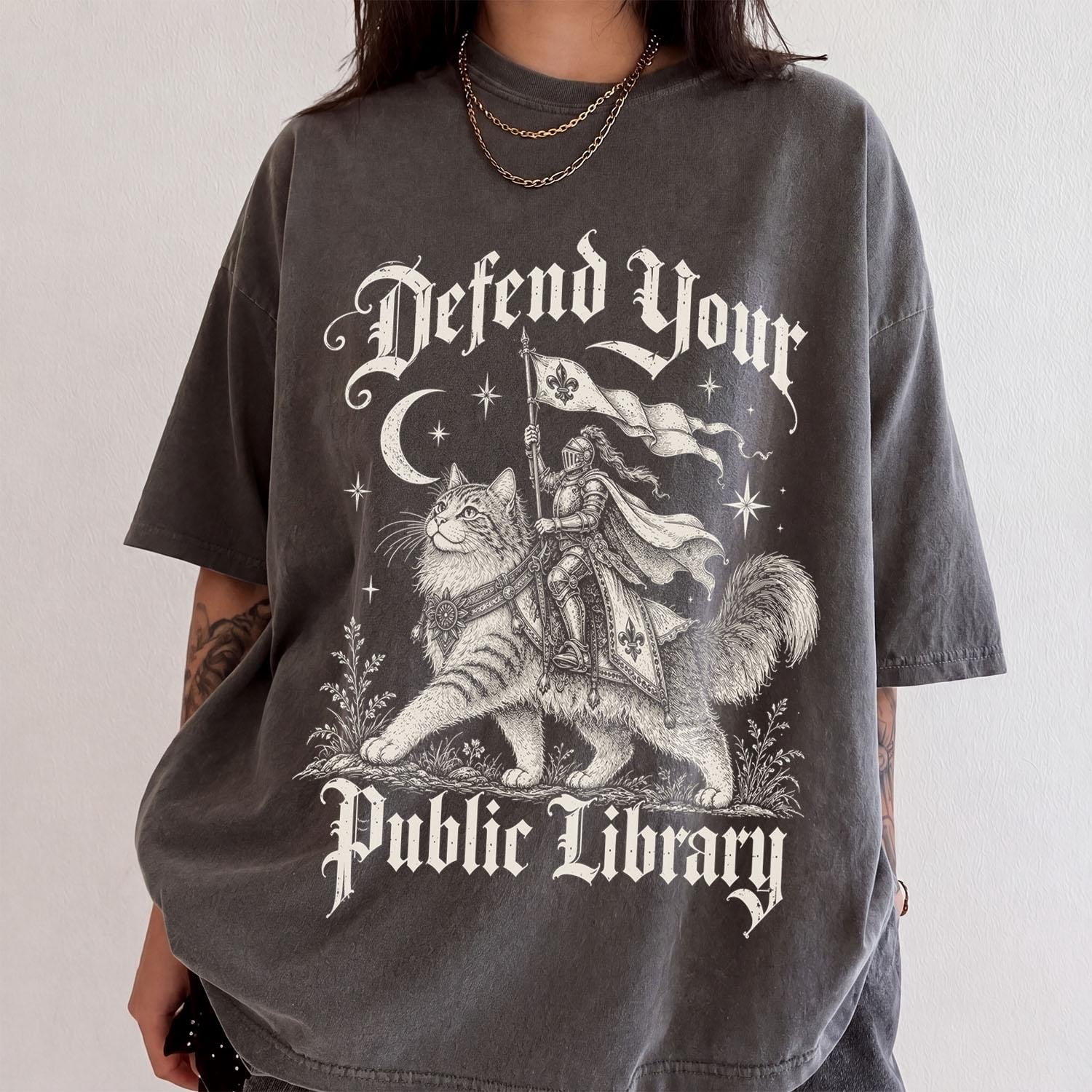 Defend Your Public Library Shirt, Knight Riding Cat Tee, Medieval Cat ...