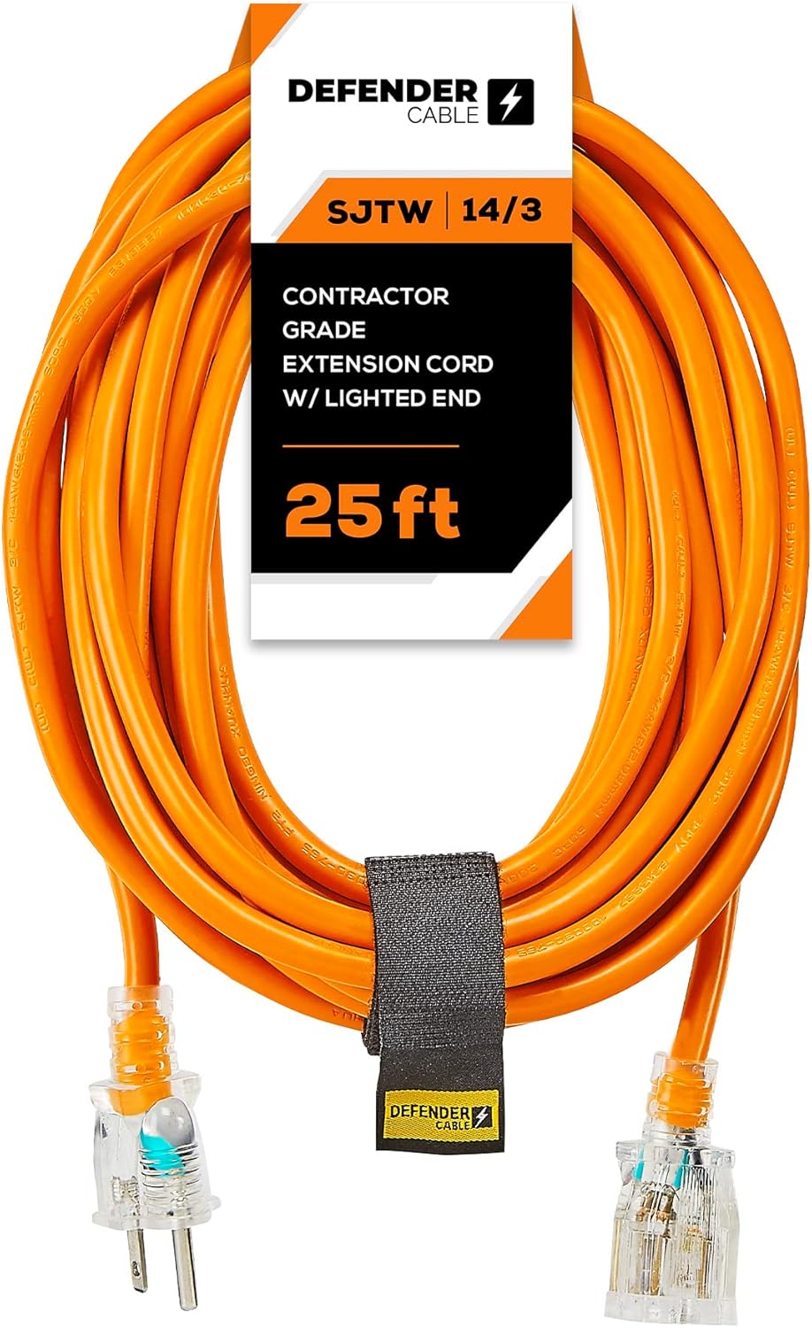 Defender Cable 14/3 Gauge, 25 ft SJTW Contractor Grade Extension Cord, with Lighted end,UL/ETL