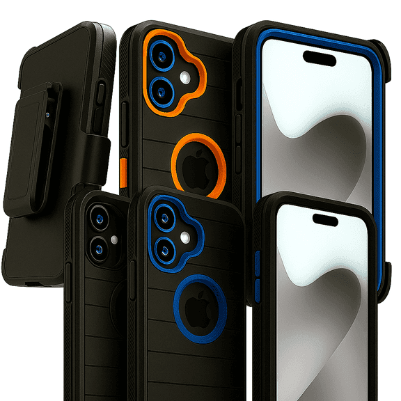 Defender Case for iPhone 17 with Belt Clip, Kickstand, Dual-Layer, 3 pack (Black/Orange, Black, Black/Blue)