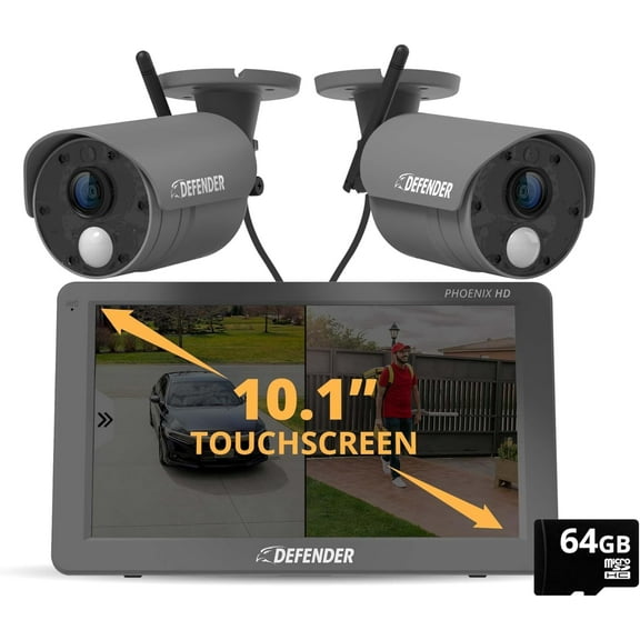 Defender PHOENIXHD Non-WiFi Plug-in Power Security System with 10.1” HD Monitor & 2 Cameras with 64 GB SD Card