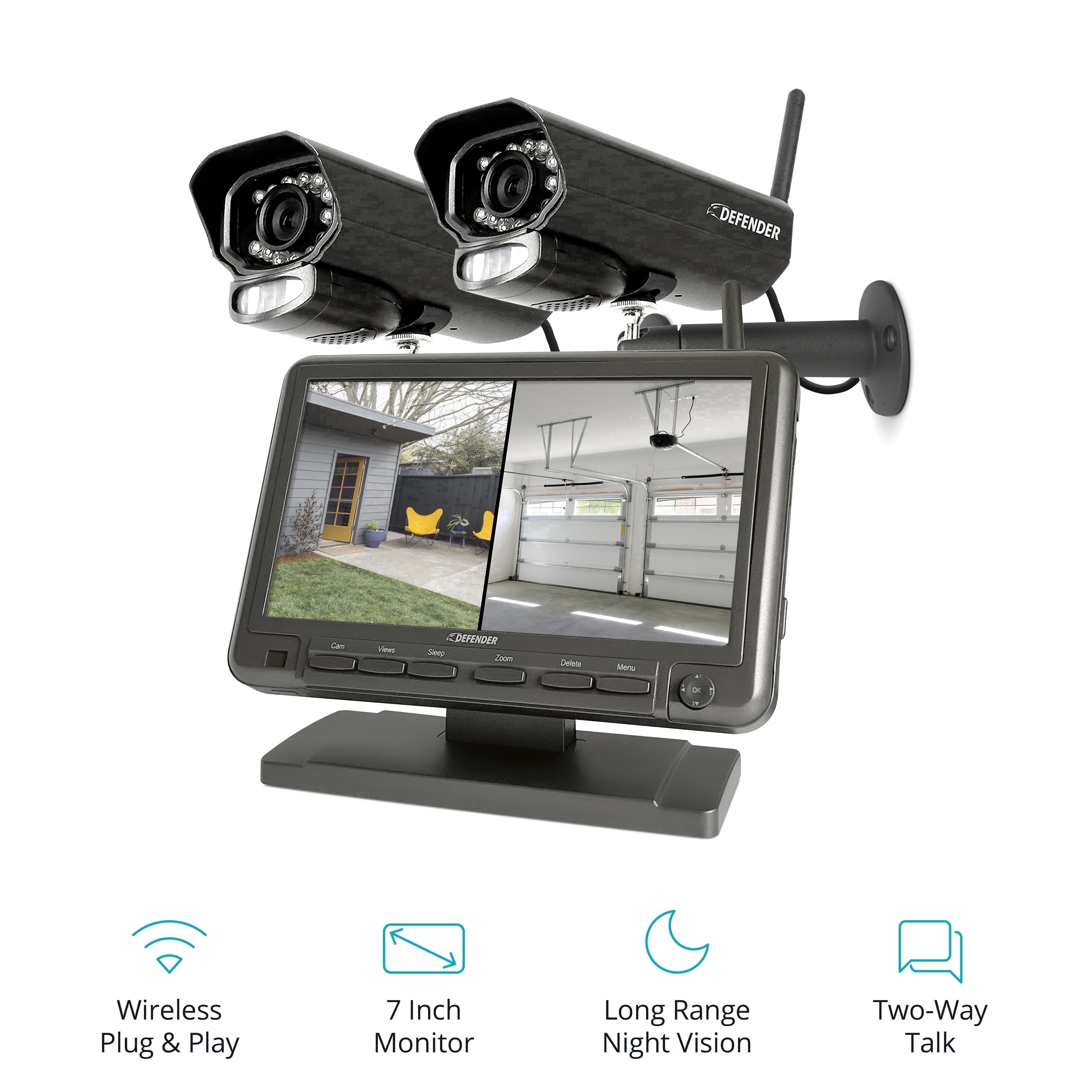 Non Wi-Fi. Plug-in Power. Security Camera System with 7\" Display Monitor and 2 Long-Range Night Vision Cameras, 32GB SD Card Recording, Plug & Play