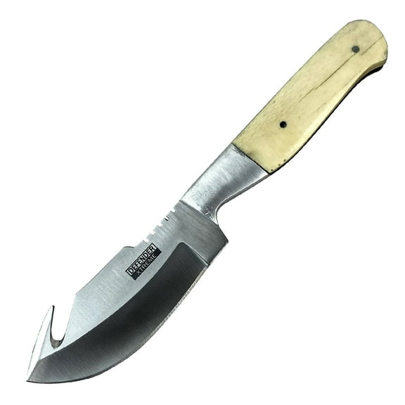 Defender-Xtreme 7.5" Bone Handle Stainless Steel Hook Blade Hunting Knife With Leather Sheath 13680