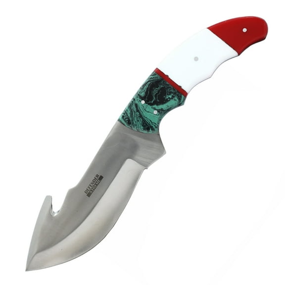 Defender-Xtreme 9" Gut Hook Blade Green/White/Red Resin Handle Hunting Knife With Leather Sheath