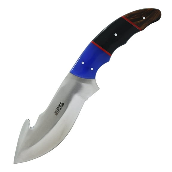 Defender-Xtreme 9"" Blue/Black/Brown Resin Handle Gut Hook Blade Hunting Knife With Leather Sheath