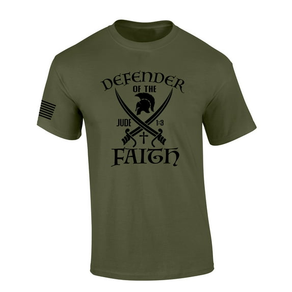 Defender of the Faith Swords Jude 1:3 Bible Scripture Mens Christian Tshirt Jesus Cross Short Sleeve T-shirt Graphic Tee-Military Green-xl