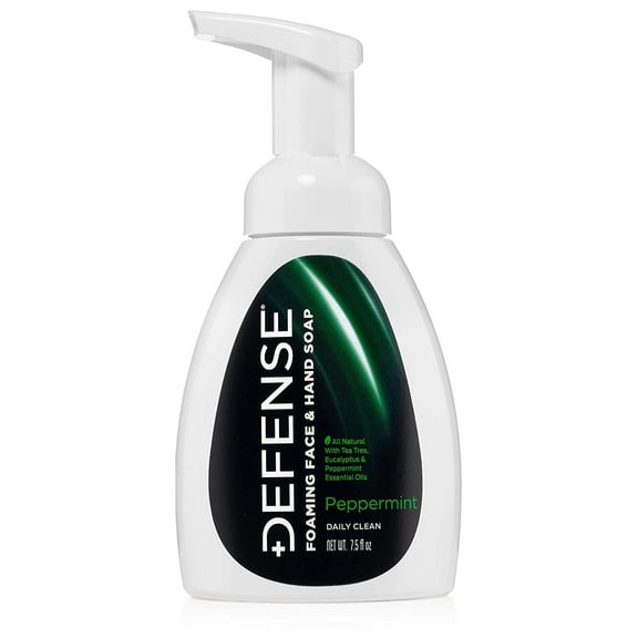 Defense Liquid Foaming Face & Hand Soap, Peppermint 7.5 Fl Oz with Tea Tree, Eucalyptus, Jojoba, Aloe Vera, Olive & Coconut Oils