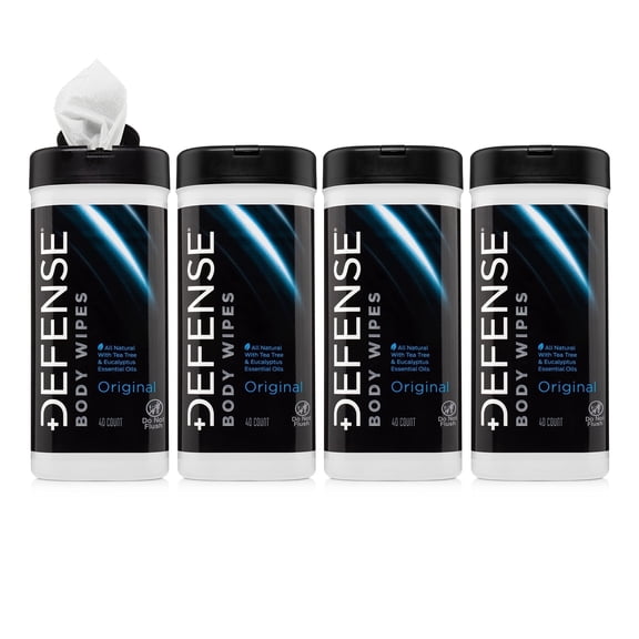 Defense Soap Body Wipes 4-Pack – Tea Tree Oil Shower Wipes for Adults Bathing – No Rinse Body Wipes for Men & Women – Natural Cleansing Cloths for Gym, Travel & Surgery Recovery – 40 Count Canisters