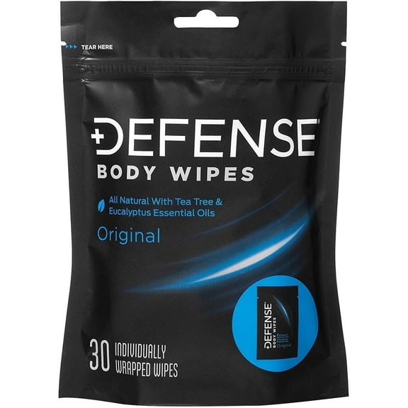 Defense Soap Body Wipes, 30 Individually Packed Travel Wipes - 100% Natural and Pure Pharmaceutical Grade Tea Tree Oil and Eucalyptus Oil