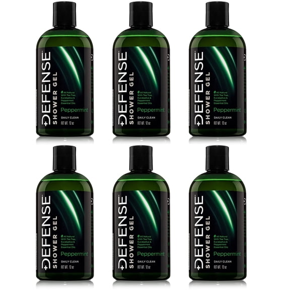 Defense Soap Peppermint Shower Gel | 100% Natural Organic Moisturizing Mint Tea Tree Body Wash, 12 oz (Pack of 6)
