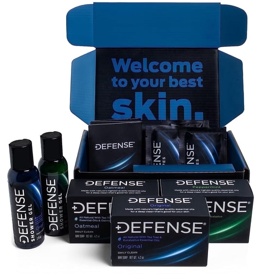 Defense Soap Variety Gift Set | Tea Tree, Peppermint, Oatmeal All Natural Bar Soap, Travel Body Wash, Individual Body Wipes