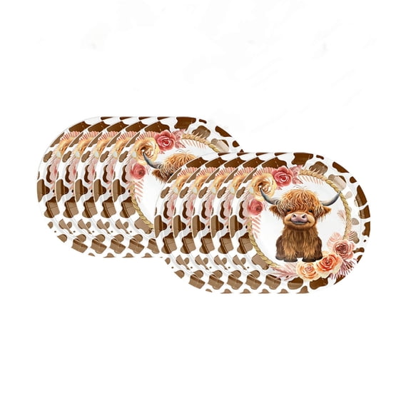 DefiDgd 10pcs 9inch Highland Cattle Pattern Paper Plates,Disposable Vintage Dinner Plates for Farmhouses Birthday Party Celebration Banquet Table Decoration Supplies(A)