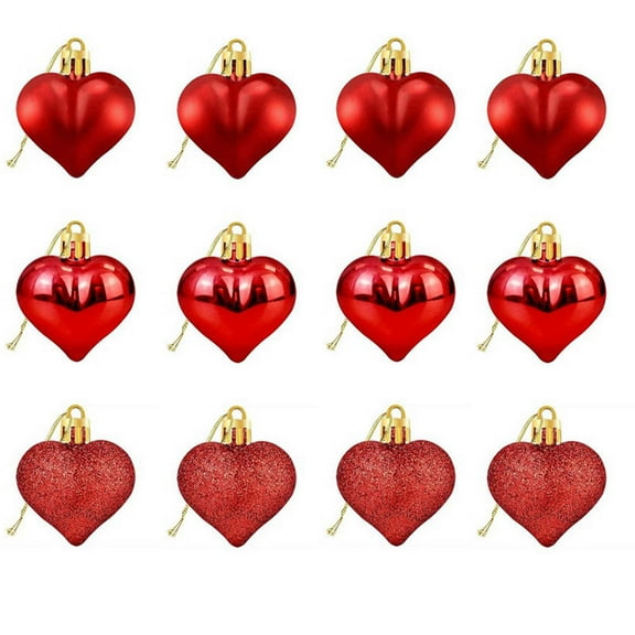 DefiDgd 12pcs Heart Shaped Ornaments,Multi Finish Heart Baubles Hanging Ornaments for Valentine’s Day Mother's Day Tree Wedding Anniversary Party Decoration(Red)