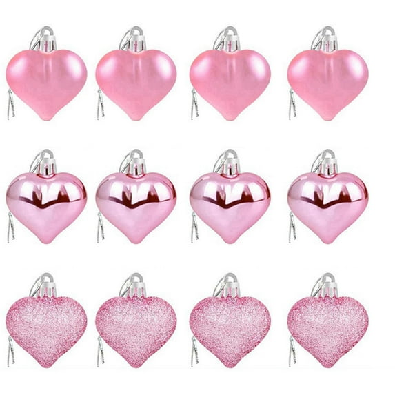 DefiDgd 12pcs Heart Shaped Ornaments,Multi Finish Heart Baubles Hanging Ornaments for Valentine’s Day Mother's Day Tree Wedding Anniversary Party Decoration(Pink)