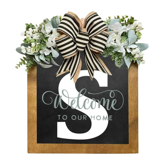 DefiDgd 12x12inch Last Name Year Rectangle Wooden Wreath for Front Door,Porch Decoration 26 Letters Welcome Sign with Bow Garland Wreaths for Front Door Porch Farmhouse Decoration(S)