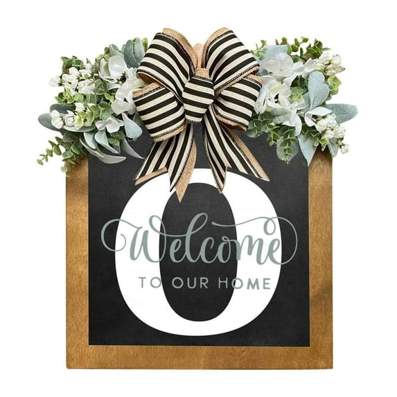 DefiDgd 12x12inch Last Name Year Rectangle Wooden Wreath for Front Door,Porch Decoration 26 Letters Welcome Sign with Bow Garland Wreaths for Front Door Porch Farmhouse Decoration(O)