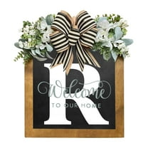 DefiDgd 12x12inch Last Name Year Rectangle Wooden Wreath for Front Door,Porch Decoration 26 Letters Welcome Sign with Bow Garland Wreaths for Front Door Porch Farmhouse Decoration(R)