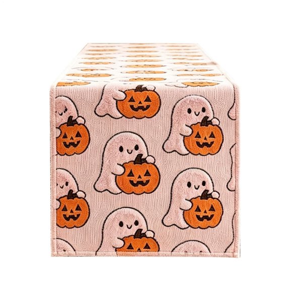 DefiDgd 13x72inch Ghost Pumpkin Printed Fabric Table Runner,Long Rectangular Dining Table Runner for Halloween Kitchen Restaurant Indoor Party Holiday Tabletop Home Decor Supply(Pink)