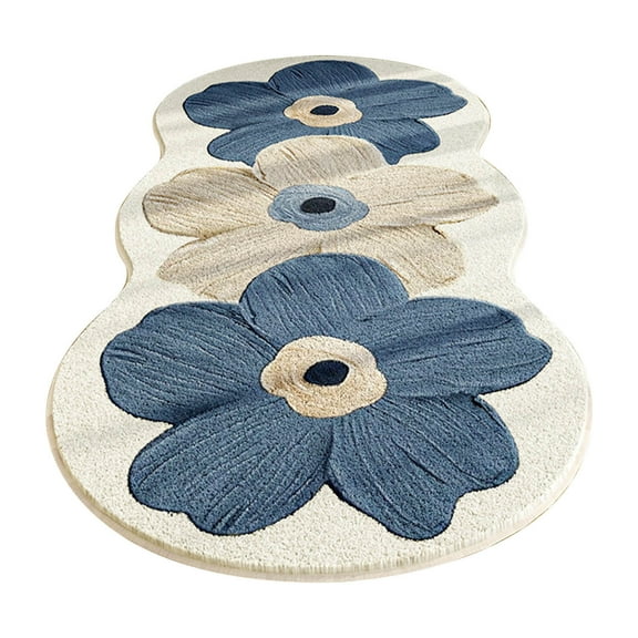 DefiDgd 16x47inch Floral Floor Rug,Non-Slip Plush Flower Pattern Scalloped Rug,Indoor Mat Bedroom Floor Carpet Washable Area Rug for Room Playroom Living Room Entryway(Blue)