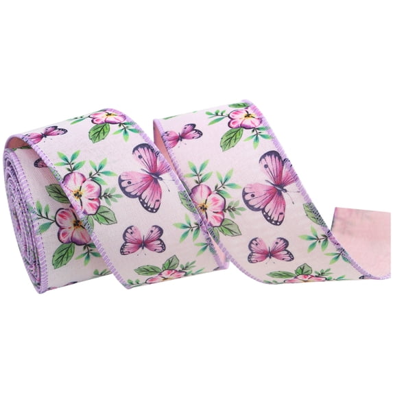 DefiDgd 180inch Floral Butterfly Wired Ribbon,Pastel Spring Ribbon Butterfly Wrapping Ribbon for Gift Wrapping DIY Crafts Party Wedding Garland Home Decor(A)