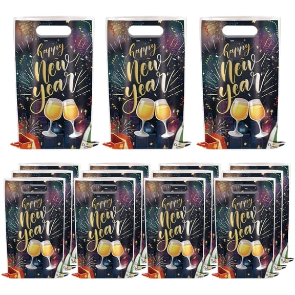 DefiDgd 20pcs 2026 Happy New Year Gift Bags with New Years Stickers,Black and Gold New Year Eve Party Favor Treat Candy Paper Bags Bulk for New Years Eve Party Gift Supplies(C)