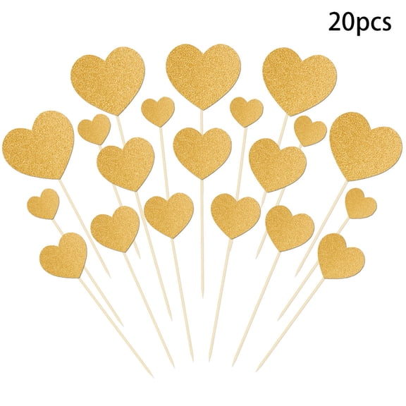 DefiDgd 20pcs Valentines's Day Glitter Paper Heart Shaped Cake Flag,Cupcake Toppers Pick for Valentine's Day Wedding Birthday Party Dinner Bouquet Decorations Supplies(Gold)