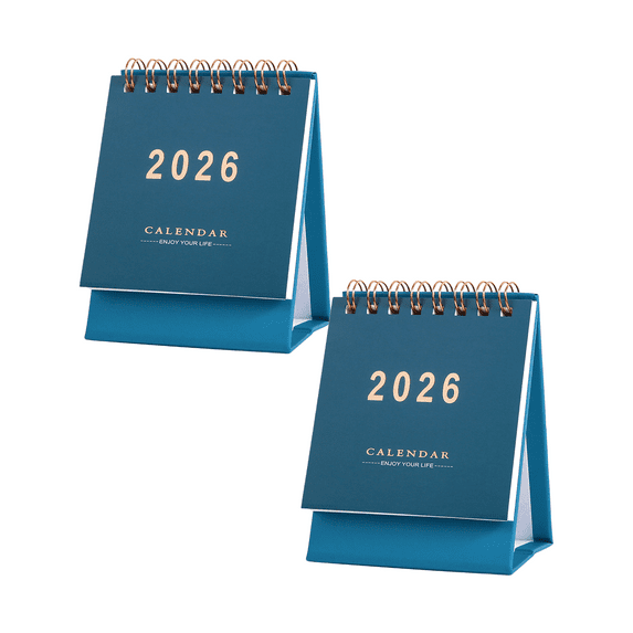 DefiDgd 2pcs 2026 Desk Solid Color Min Calendar,Small Standing Flip Small Desktop Calendar Twin-Wire Binding with Stickers for Home Office Decor Supplies(Blue-2PC)