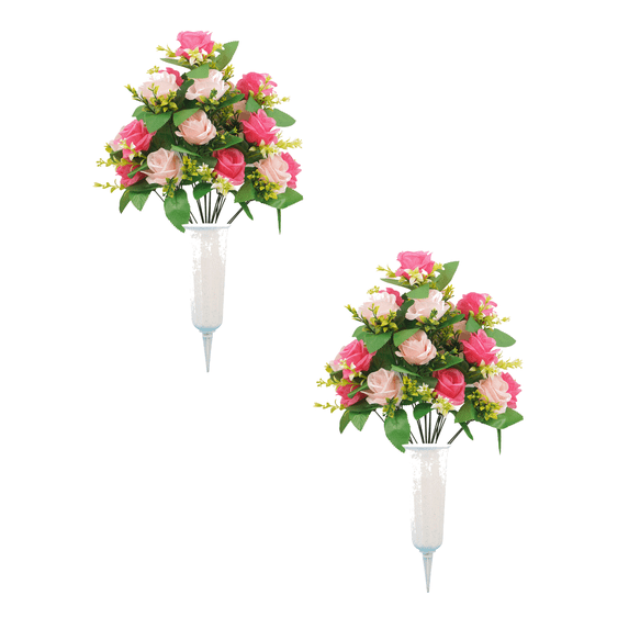 DefiDgd 2pcs Artificial Cemetery Flowers with Vase Stakes,17 Heads Faux Rose Flower for Outdoor Garden Grave Memorial Flowers Decoration,Memorial Day Commemorate Flower(D)