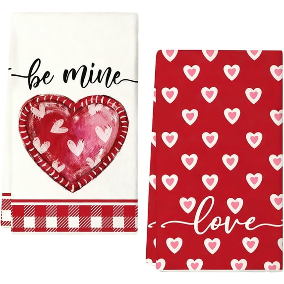 DefiDgd 2pcs Valentine's Day Kitchen Towel Set,Heart Pattern Dish Towels for Wedding Kitchen Anniversary Bathroom Cooking Baking(E)