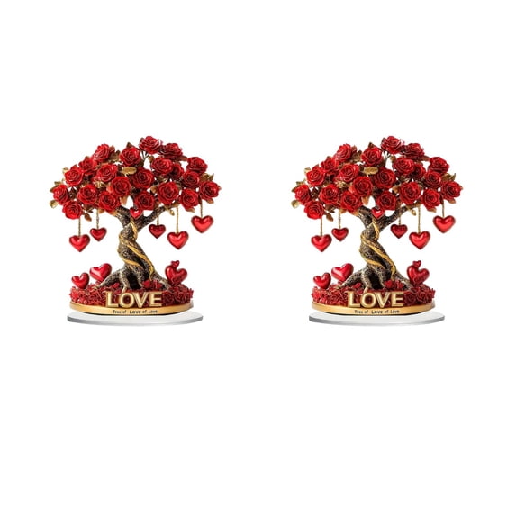 DefiDgd 2pcs Valentine's Day Romantics Heart Rose Flower Tree Table Standing Ornament,2D Flat Acrylic Decor with Base for Wedding Valentines Day Tabletop Decoration