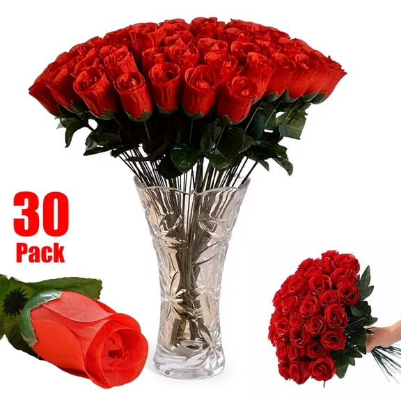 DefiDgd 30pcs Red Roses Flowers in Bulk,Fake Silk Roses with Stems for Wedding Anniversary Valentine's Day Birthday Gifts Vase Filler Table Centerpiece Party Home Decor