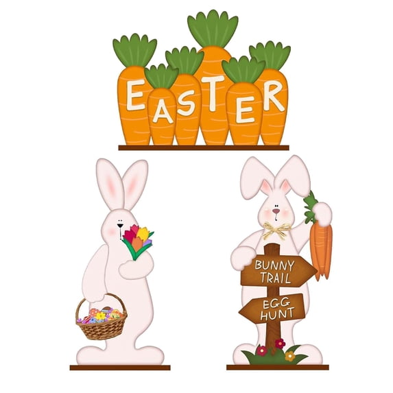 DefiDgd 3pcs Easter Wooden Bunny with Carrot Tiered Tray Decor,Vintage Farmhouse Wooden Bunny Ornament for Bathroom Home Party Mantel Office Decoration