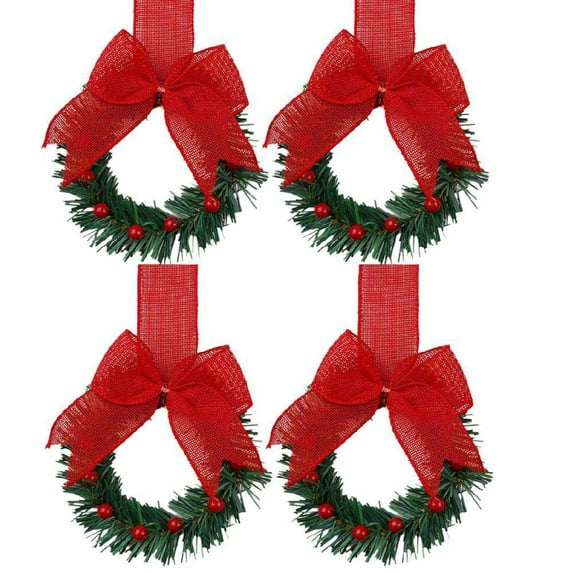 DefiDgd 4pcs 3.94inch DefiDgd Christmas Mini Kitchen Cabinet Wreaths with Red Ribbon Bows and Berries,Mini Christmas Wreath for Window Front Door Farmhouse Wall Xmas Decoration