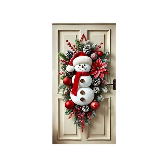 DefiDgd 71x35 Inch Christmas Snowman Door Wreath Cover for Front Door,Outdoor Indoor Decoration Holiday Wall Backdrop with Red Scarf Pinecones Santa Hat Winter Decoration