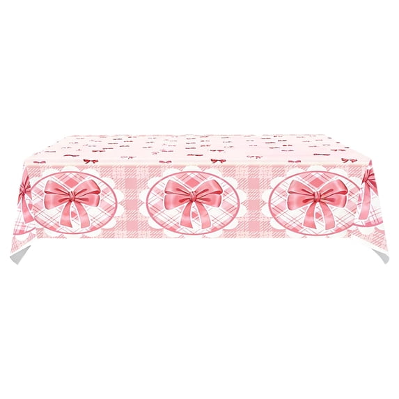 DefiDgd 71x43inch Pink Bow Pattern Tablecloths Decorations,Waterproof Reusable Plastic Table Cover Rectangle Table Cloth for Valentinr's Day Birthday Wedding Party Supplies