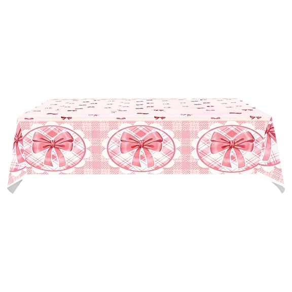 DefiDgd 71x43inch Pink Bow Pattern Tablecloths Decorations,Waterproof Reusable Plastic Table Cover Rectangle Table Cloth for Valentinr's Day Birthday Wedding Party Supplies
