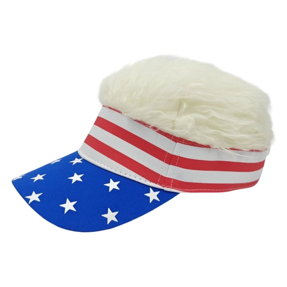 DefiDgd American Flag Theme Peaked Cap with Plush Top,Fake Hair Style Trucker Hat Patriotic Hats or Men Women Independence Day Patriotic Event Party Supplies(White)