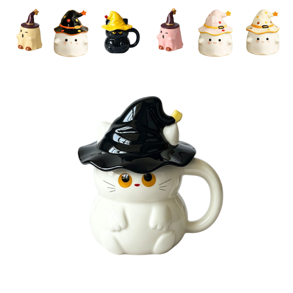 DefiDgd Cat Shaped Ceramic Mug with Witch Hat Lid,Cute Novelty Cat Water Cup,Decorative Drinkware for Novelty Office Desk Party Home Daily Drinking Use(I)