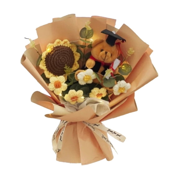 DefiDgd Crochet Flowers Bouquet,Handmade Knitted Sunflower with Cute Bear,Crochet Flower Kit Knitted Bouquet,Gift for Friends Classmate on Birthday Graduation Anniversary(Orange)