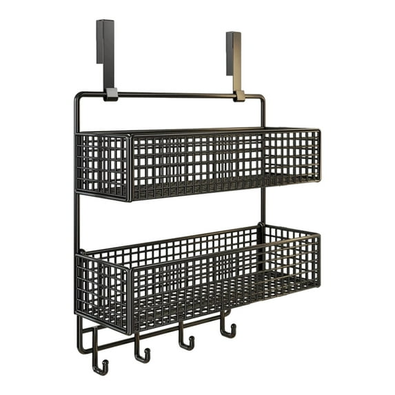 DefiDgd Over The Door Organizer with Two Tier Storage Baskets and 4 Hooks,Metal Behind Hanging Storage Shelf Pantry Racks for Bedroom Bathroom Office Kitchen(Black)