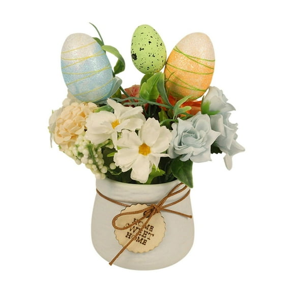 DefiDgd Easter Faux Potted Plant with Egg Berries,Small Ceramic Vase Fake Flower Plants Desktop Decoration for Table Centerpieces Spring Party Office Home