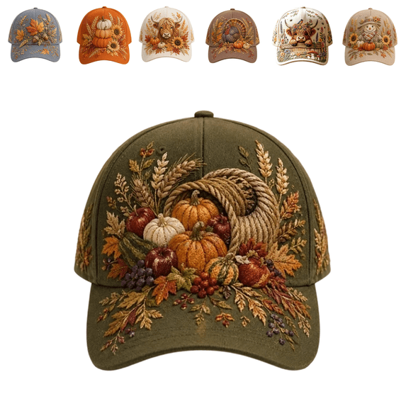 DefiDgd Fall Pumpkin Embroidered Baseball Cap,Vintage Rustic Style Washable Adjustable Hat for Man Women Fall Thanksgiving Daily Outdoor Holiday Party Headwear Accessories(L)