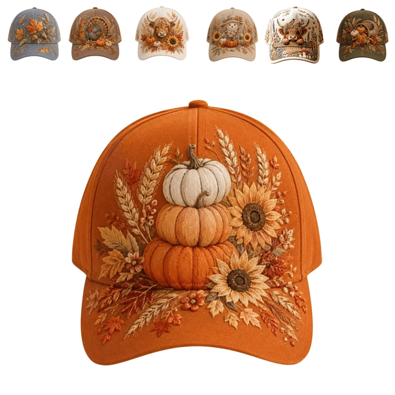 DefiDgd Fall Pumpkin Flower Embroidered Baseball Cap,Vintage Rustic Style Washable Adjustable Hat for Man Women Fall Thanksgiving Daily Outdoor Holiday Party Headwear Accessories(I)