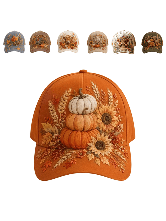 Fall Pumpkin Flower Embroidered Baseball Cap,Vintage Rustic Style Washable Adjustable Hat for Man Women Fall Thanksgiving Daily Outdoor Holiday Party Headwear Accessories(I)