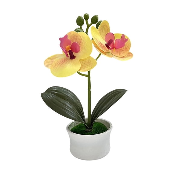 DefiDgd Faux Orchids Potted Plant,Fake Flowers with Small Vase for Tableop Centerpieces,Home Bathroom Table Living Room Office Kitchen Decoration(Yellow)