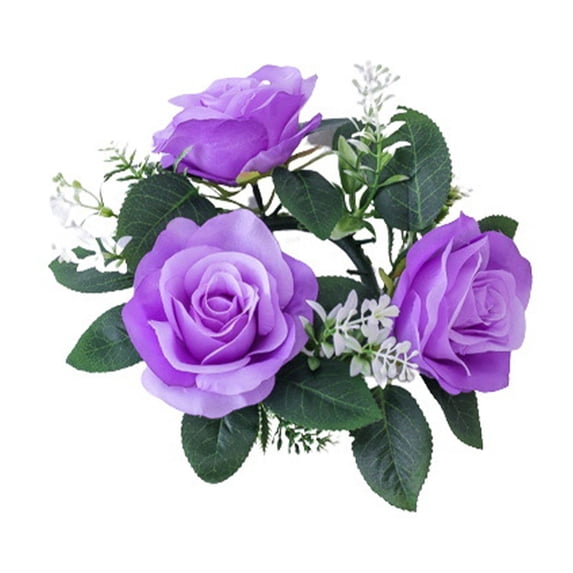 DefiDgd Faux Rose Candle Rings,3 Head Floral Wreaths with Leaves Mini Candlesticks for Wedding Valentine S Day Birthday Table Centerpieces and Party Decorations(Purple)
