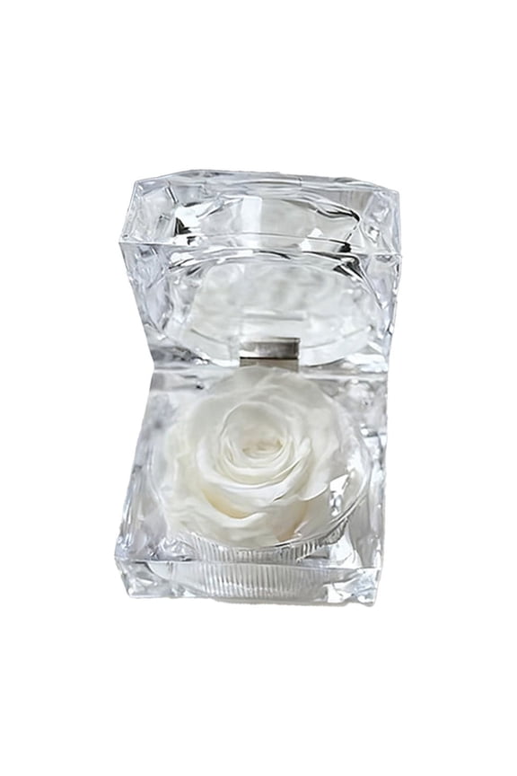 Forever Rose Flower Clear Acrylic Ring Box,Crystal Ring Box Ring Holder for Valentine's Day Birthday Wedding Anniversary Engagement(White)