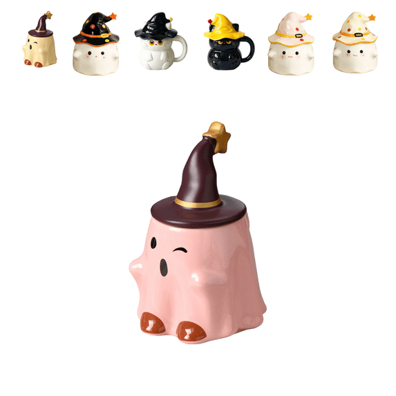 DefiDgd Ghost Shaped Ceramic Mug with Witch Hat Lid,Cute Novelty Ghost Water Cup,Decorative Drinkware for Novelty Office Desk Party Home Daily Drinking Use(G)